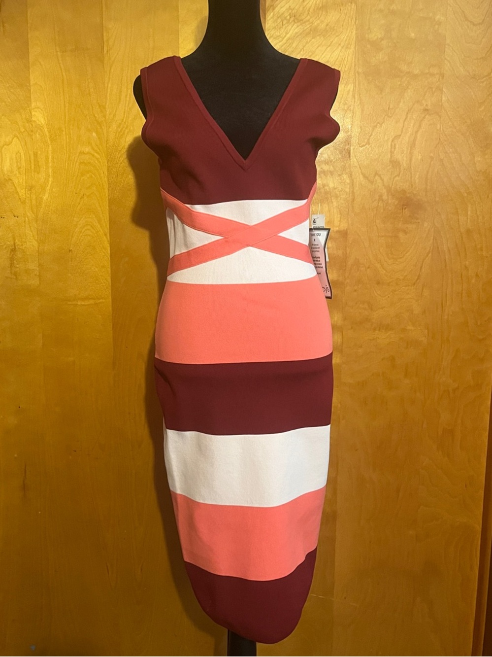 bebe NWT Med. Sleeveless V-Neck Colorblock Midi Dress in Burgundy, Coral & White